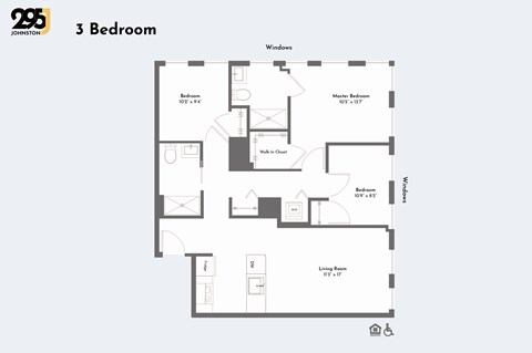 Floor plan for 3 beds, 2 baths, 1068 sqft